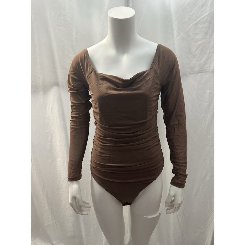 Pink M Style mesh polka dot long sleeve bodysuit size Small